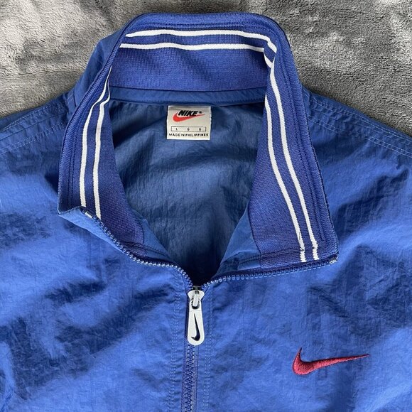 VTG 90s Nike Navy Blue Orange Logo Spellout Windbreaker Anorak Jacket Mens L - Picture 3 of 6